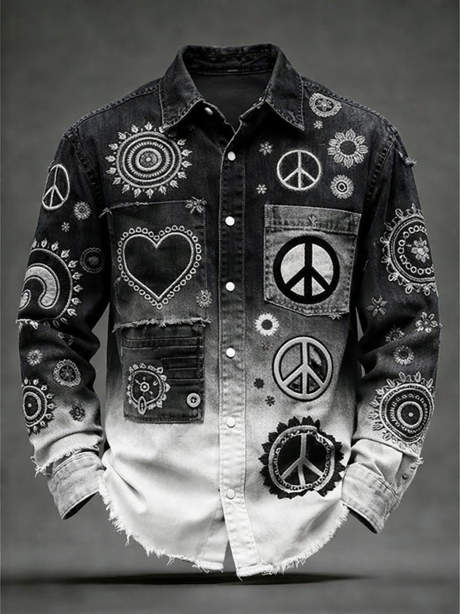 Men's Hippie Art Print Cotton Vintage Casual Cotton Long Sleeve Shirt